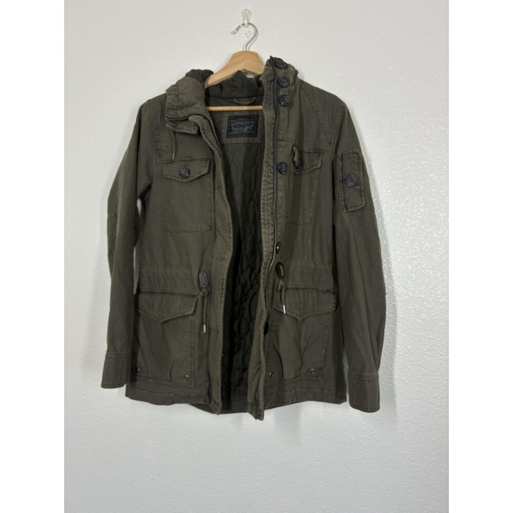 Levi's Jacket Mens Medium Green Hooded Canvas Parka Quilted Lined Pockets Winter